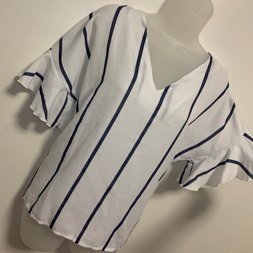 White with Blue Stripe V Neck Top